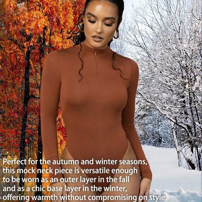 Women Thermal Underwear Mock Neck Bodysuit Long Sleeve Shapewear Sexy Deep V Body Shaper Slimming Zipper Jumpsuit Warmth Basic