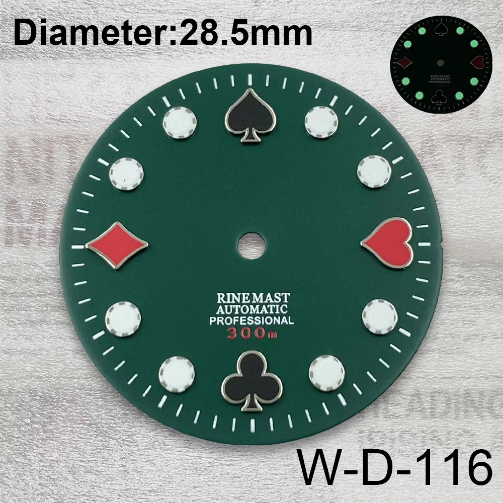 28.5mm S Logo Poker Dial Fit NH35/NH36/4R/7S mechanizm automatyczny zielony świecący wysokiej jakości akcesoria do modyfikacji zegarków