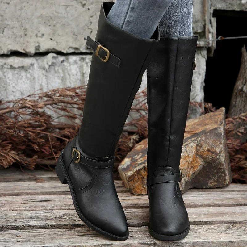 Women PU Leather Knee High Boots Autumn Winter Round Toe Knight Boots Women Platform Square Heel Long Botas De Mujer Big Size 43