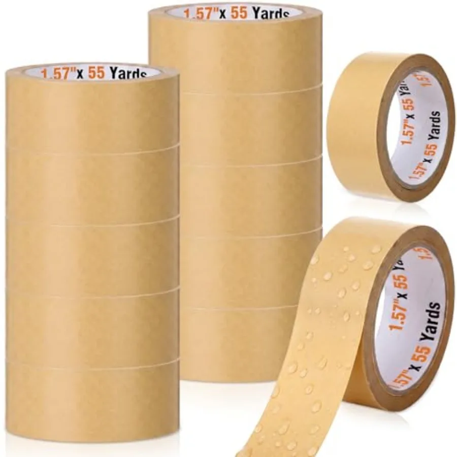 12 Rolls Waterproof Brown Kraft Paper Packing Tape Bulk 1.5 Inch x 55 Yards Strong Adhesive Brown Biodegradable Paper Tape for