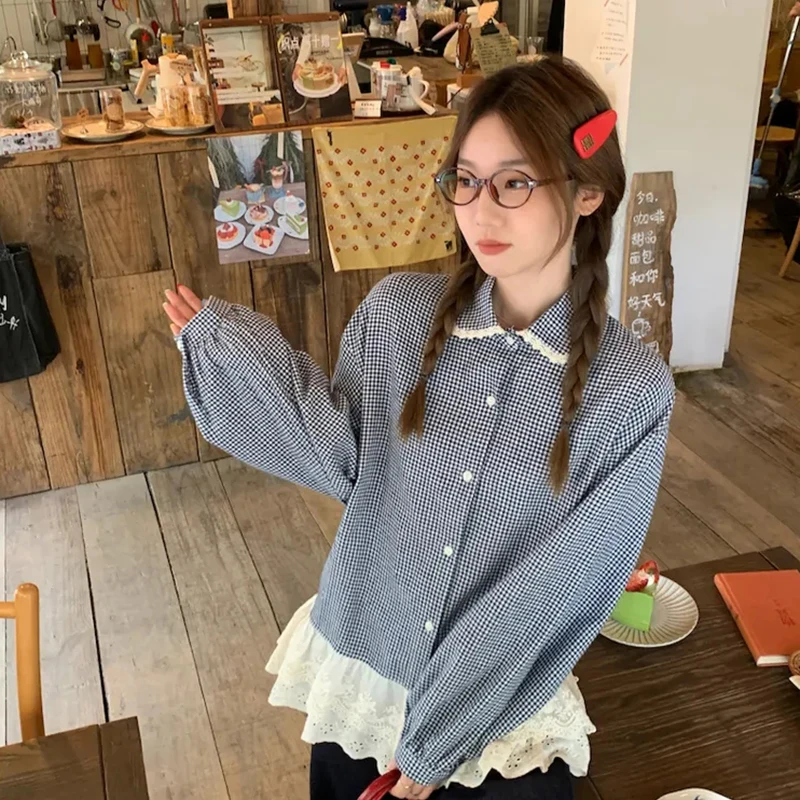 

Sweet Plaid Women Shirt Cute Long Sleeve Blue Patchwork Bouse Lace Peter Pan Collar Single Breasted Preppy Style Top