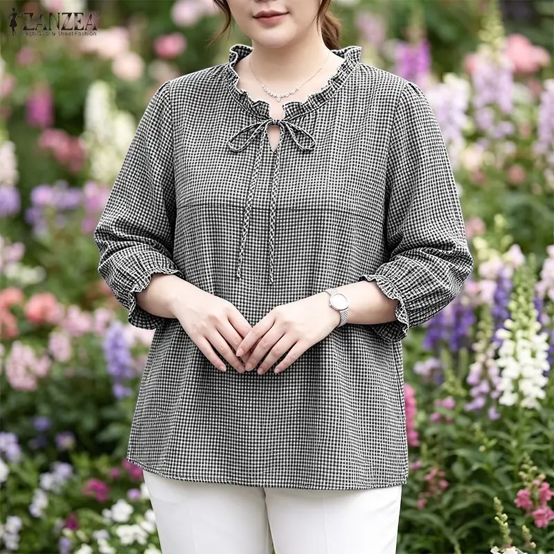 ZANZEA Women Plaid Blouse 3/4 Lantern Sleeve Tops Ruffle Tie Neck Loose Shirts Elegant Tunics Casual Work Autumn Blusas Ladies - view 2
