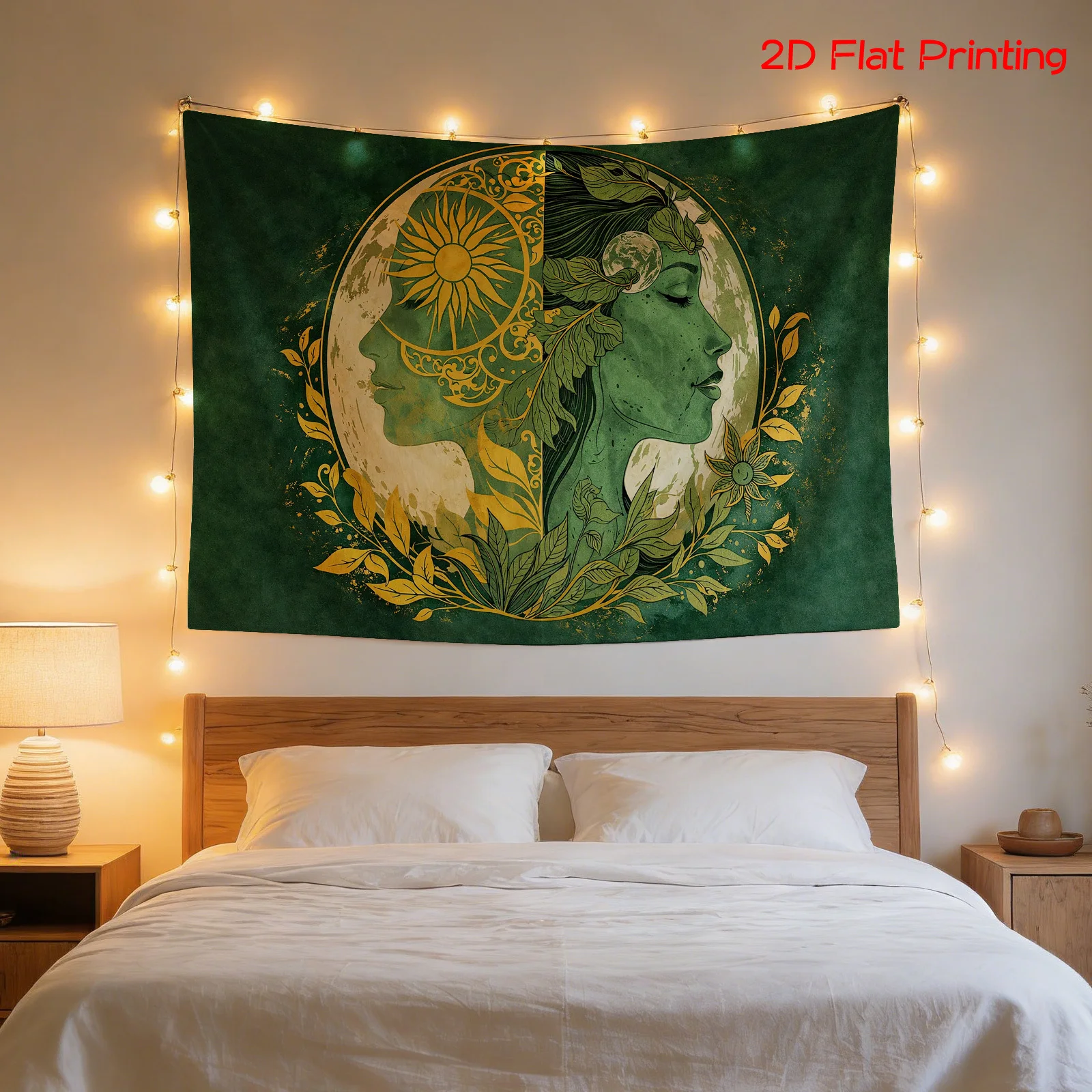 Vintage Botanical Goddess Portrait Tapestry Boho Wall Decor Art Print Emerald Green Floral Nature Room Hanging 180x280cm Size