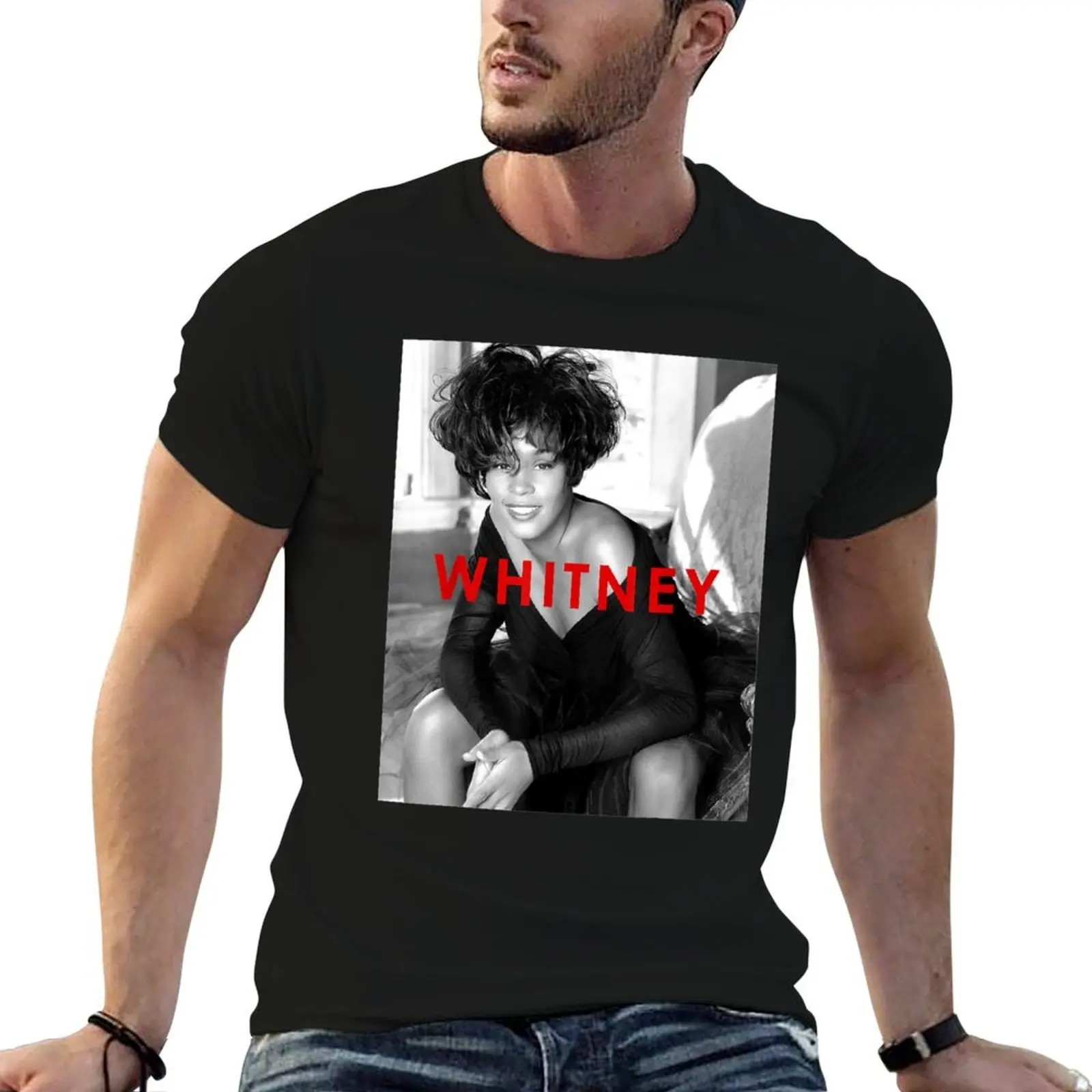 Whitney Houston Official B&W Photo Red Title T-Shirt man t shirt heavy cotton man t shirts graphic T-Shirt