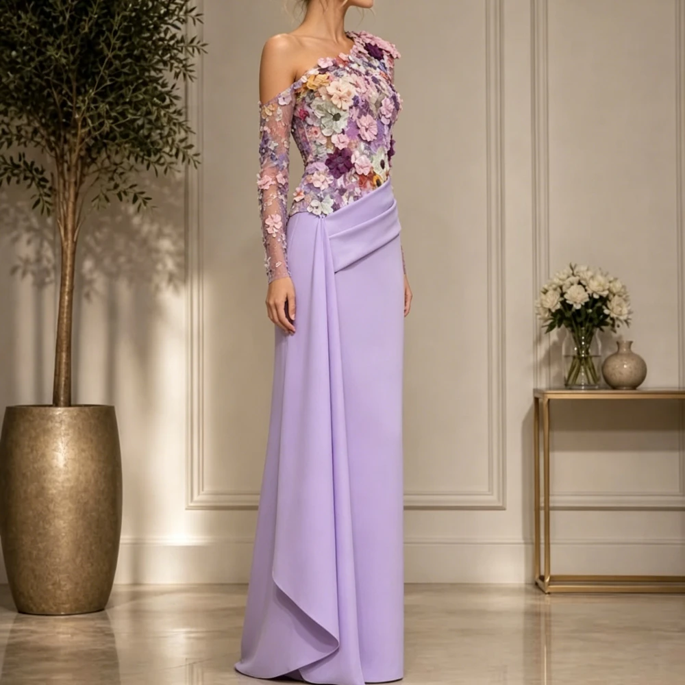 Exquisite Applikationen in Flieder, gerade geschnittenes, langärmliges One-Shoulder-Abschlussballkleid, maßgeschneidertes formelles Partykleid für Damen, Abendkleid