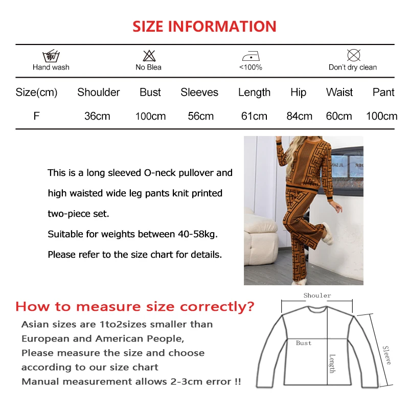 Women Printed Knit Two-piece Set Fall Vintage Long Sleeve O-neck Pullover and High Waist Wide Leg Pants Winter Casual Loose Suit