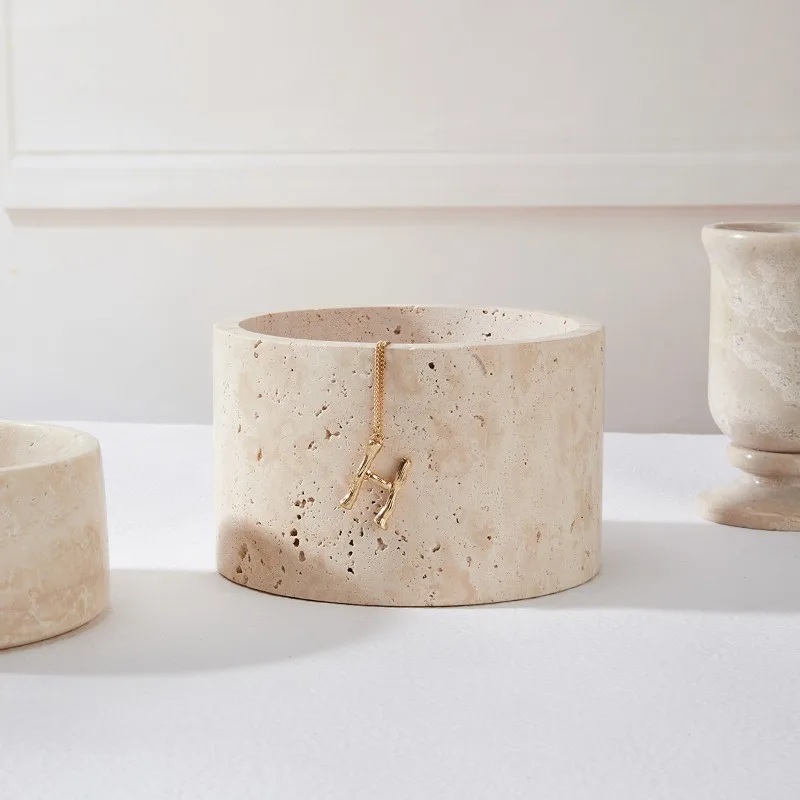 Nordic style natural beige travertine flower pot, marble decorative pot at the entrance of the home living room