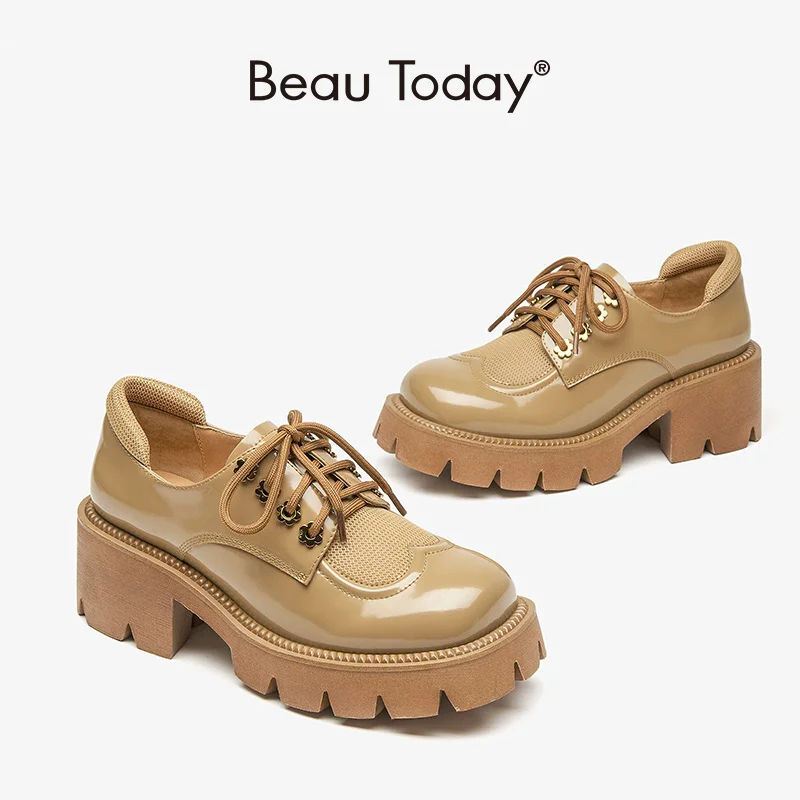 

BeauToday Platform Derby Women Genuine Cow Leather Patchwork Mesh Lace Up Round Toe Thick Sole Female Shoes Handmade 27512