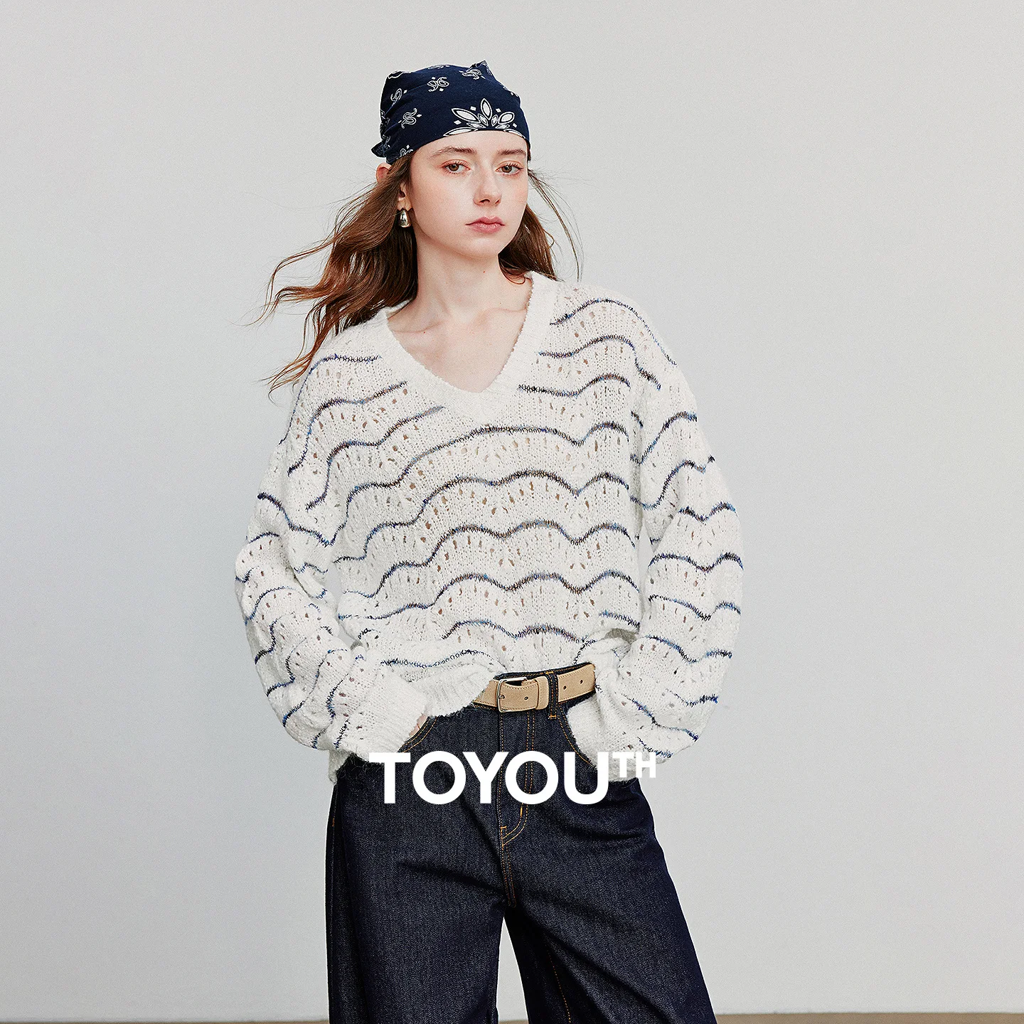 

TOYOUTH Women Knitted Pullover 2025 Autumn New Striped V Neck Hollow Pullover Tops