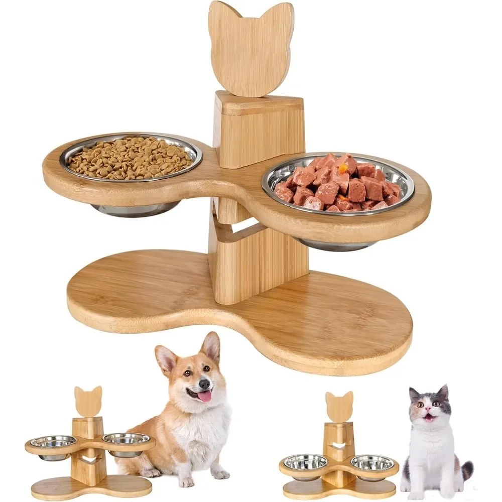 Elevated Dog Bowls for Small Dogs, Adjustable Bamboo Pet Feeding Station with 2 Stainless Steel Bowls for Cats and Puppy