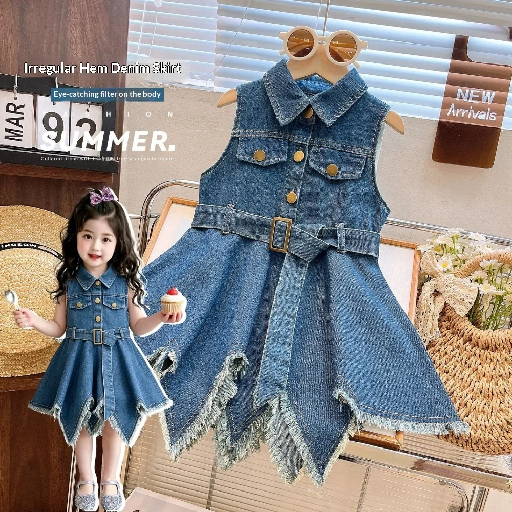 

202026 Summer Girls Denim Dress, Irregular Raw Edge Sleeveless Tank Dress for Teen Kids with Free Belt for 90-140cm