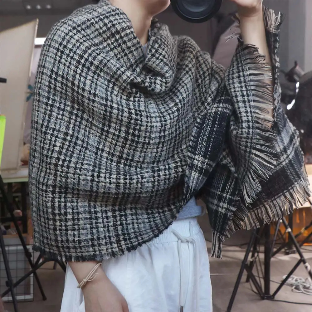 韓国風アクリル繊維格子柄ニットスカーフロング暖かいメンズ厚手ショールストールソフト両面スカーフ冬