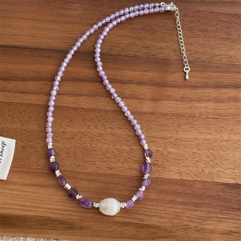 

Minar Hot Sale Purple Irregular Natural Stone Crystal Freshwater Pearl Beaded Necklace for Women Shiny Silver Water Wave Chain