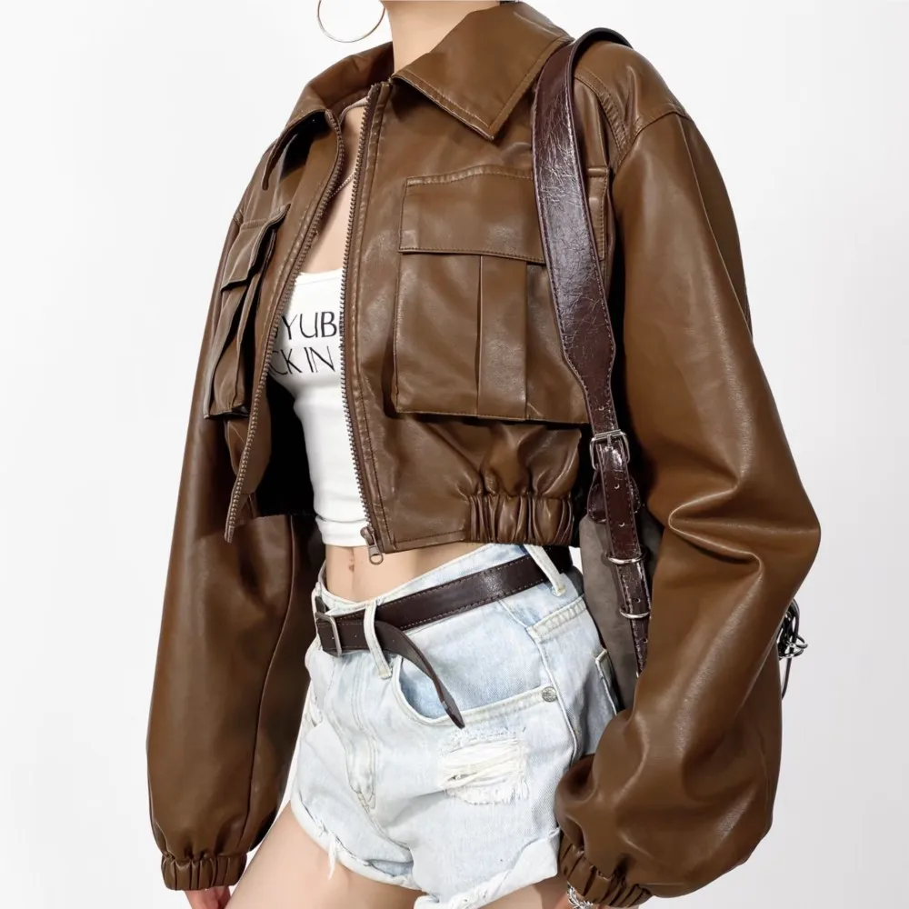 Chaqueta de cuero PU a cuadros para mujer, abrigo corto holgado de manga larga con bolsillos delanteros y dobladillo elástico, color negro y marrón,