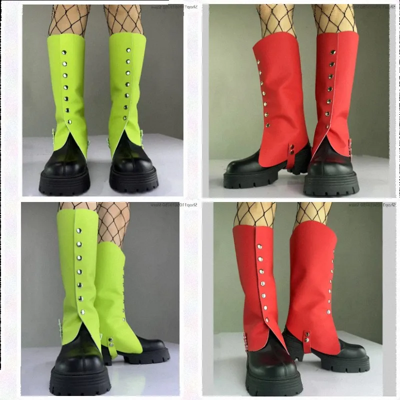 PU Leather Mid‑Calf Boot Covers Rivet Decorated Western Style Leg Cuffs Red Green Color Role‑play Fashion Stage Outfit Accessory