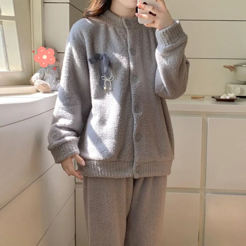 

Женский пижамный комплект из кораллового флиса с полуворсом на флисовой подкладке и бантом, осенне-зимняя коллекция, одежда для сна, уютная теплая домашняя одежда