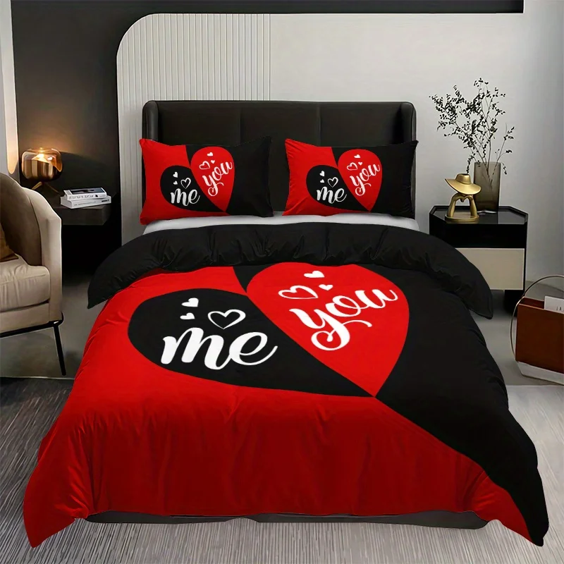 

Black And Red Heart Pattern Duvet Cover Set Soft Duvet Cover For Bedroom Guest Room1*Duvet Cover+2*Pillowcase Bedding Set