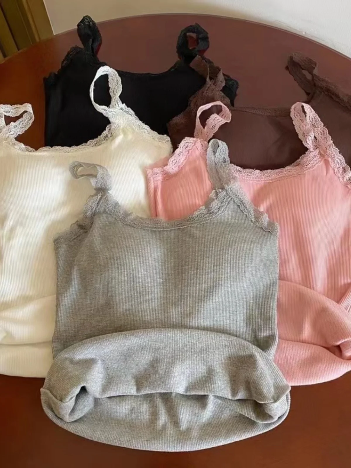 Women's Lace Trim Fixed Chest Pad Vest Warm Flocking Sexy Pure Desire Autumn Season Mid-Length Slim Fit Cotton Blend Vest