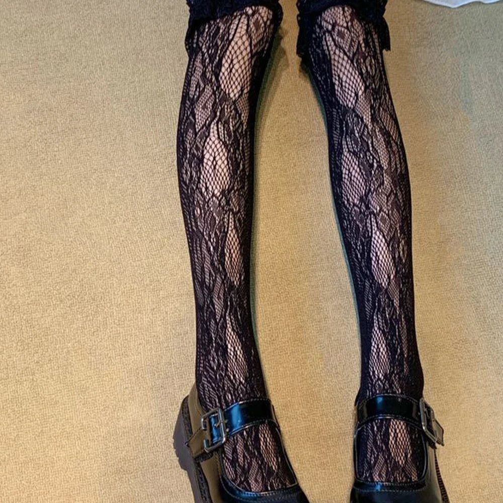 Harajuku Women Girls Sweet Lolita Black White Knee High Socks Bowknot Ruffled Frilly Lace Japanese Student Princess Stockings