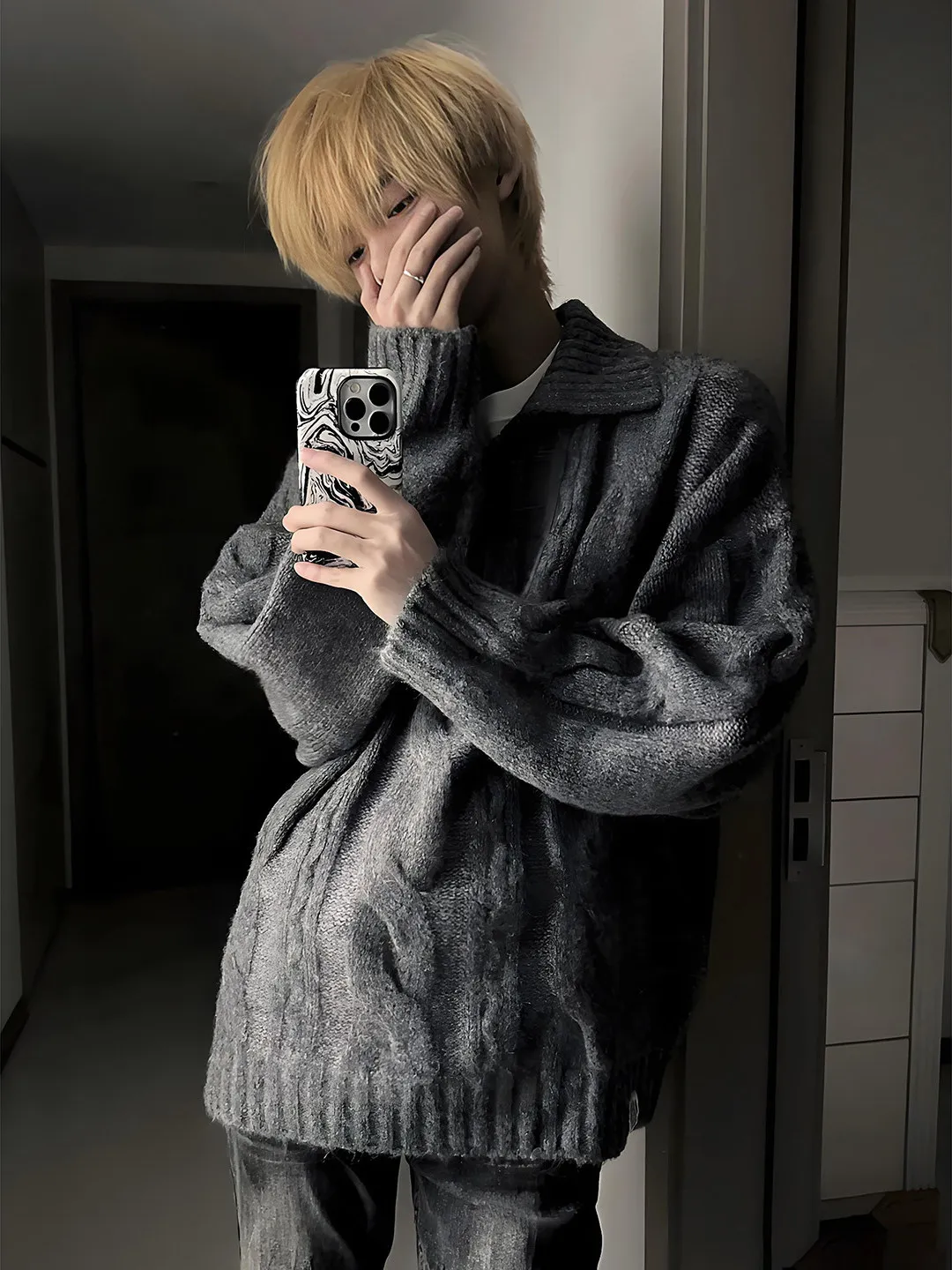 

Мужской вязаный свитер на молнии до середины груди, темно-серый, осенне-зимний, теплый базовый слой, в расслабленном стиле, шерстяное пальто свободного кроя, стиль Cleanfit, для прогулок по городу