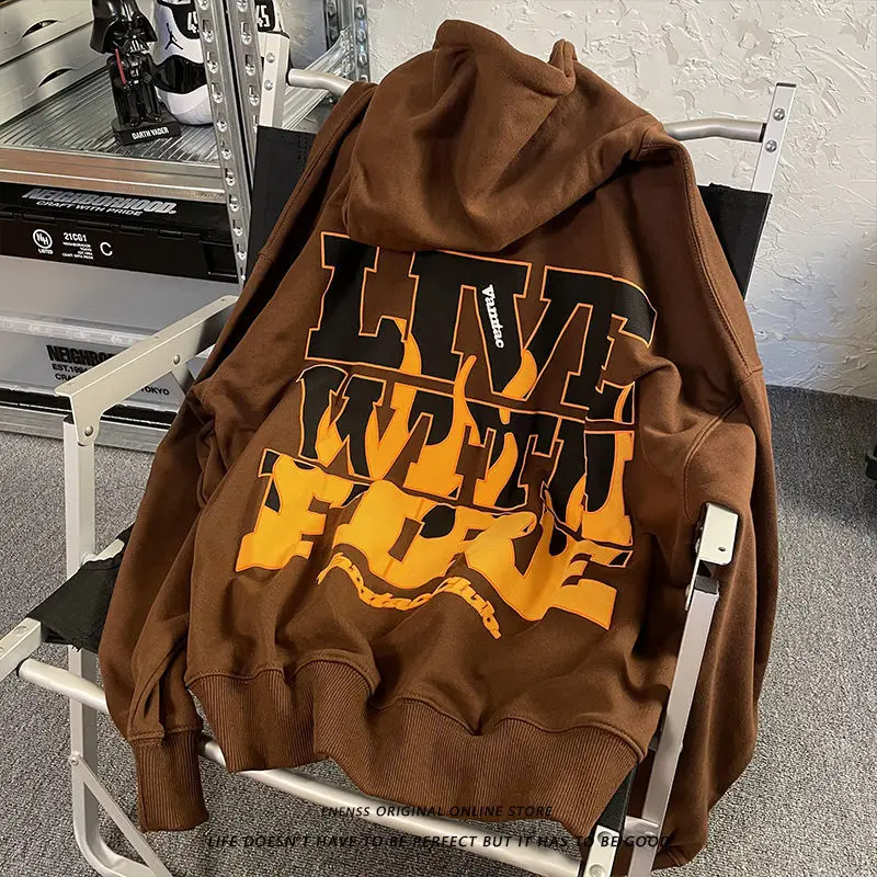 

Hip Hop Flame Letter Graffiti Drawstring Hooded Sweatshirt for Men and Women Autumn and Winter Fashion Trend Casual Comfy Top