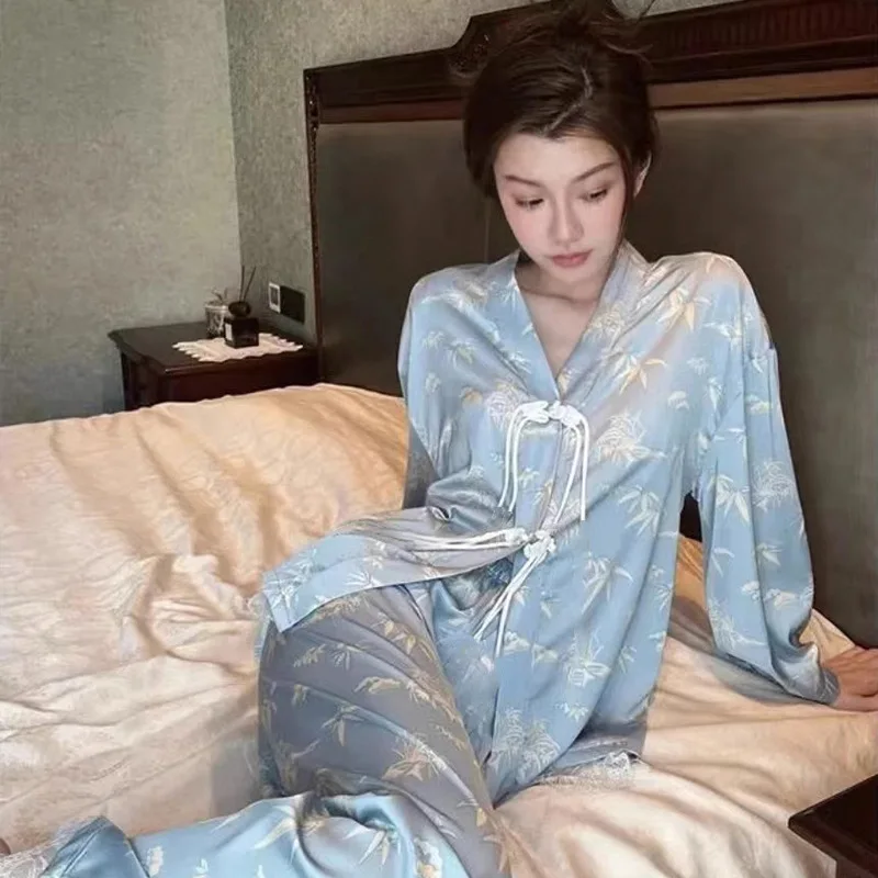 2-teiliges Set für Damen, lässiger Pyjama im chinesischen Stil, hochwertige, leicht luxuriöse Loungewear für Mädchen, modischer Pyjama mit langen Ärmeln und Hosen