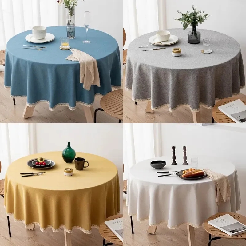 

Large Round Tablecloth Solid Color Cotton Linen Waterproof Table Cloth Oil-Proof Table Cover for Kitchen Garden Restaurant