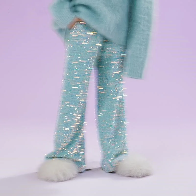 Fashion Bellbottom Pants Girls Children Clothing for Girls Spring and Autumn 2026 New Cotton Velvet Sequin Embroidered Pants