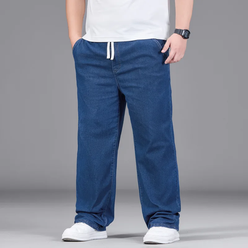 Men Cotton Loose Wide Leg Jeans Casual Elastic Drawstring Waist Trousers Sport Comfortable Plus Size Denim Pants For Daily Wear