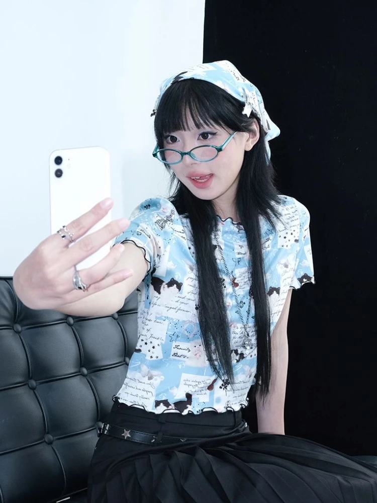 2024 Summer Kawaii Cat Print T-shirts Fairy Slim Ruffles Cropped Tops Women Harajuku Y2k Aesthetic Tees Cute Graphic Camisetas