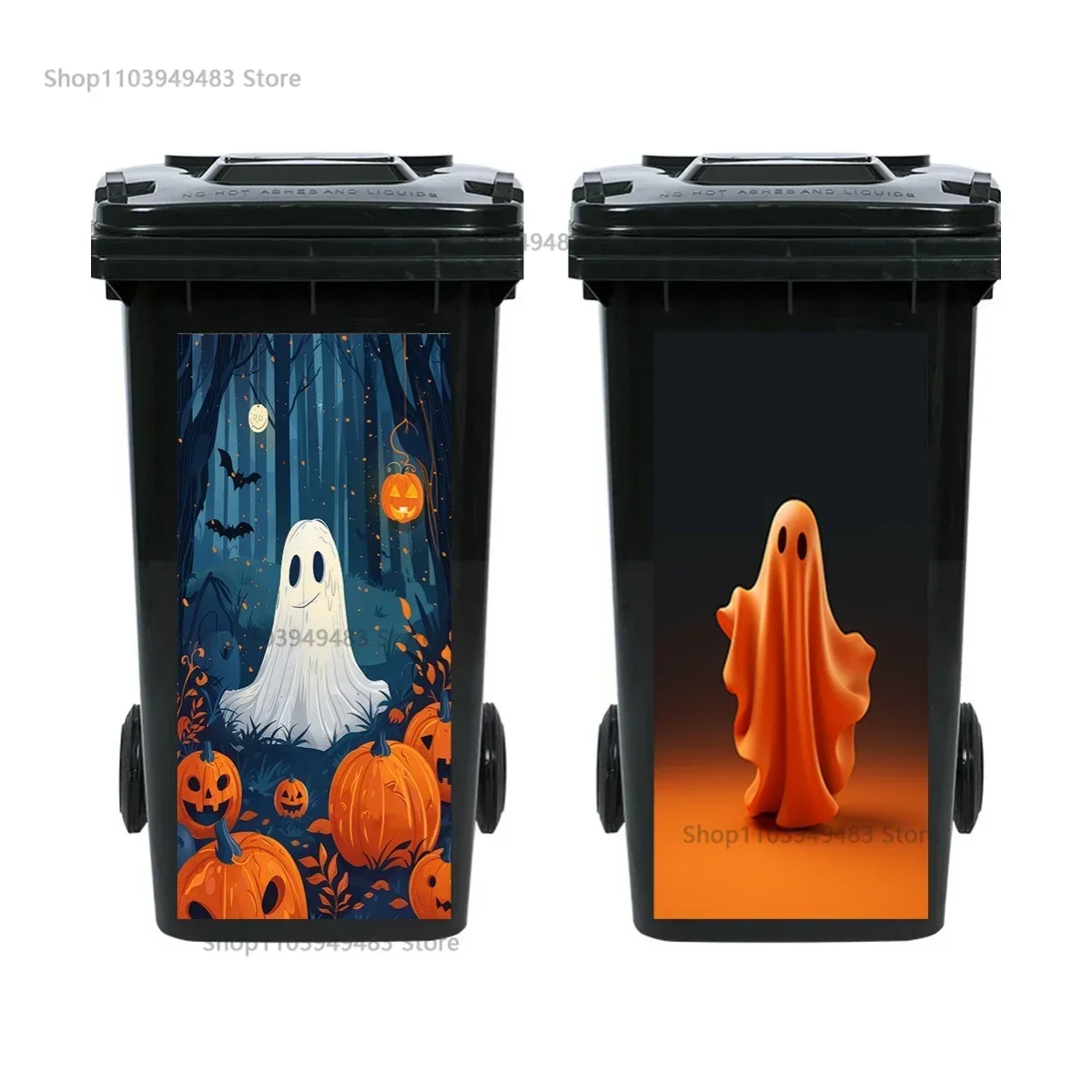 Adorable Ghost Trash Can Decals Mural Self-adhesive Printed Home Decoration Waterproof Outdoor Wheeled Large Garbage Bin Sticker