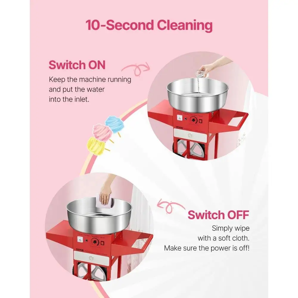 Commercial Cotton Candy Maker Machine with Cart for Parties 1000W Red Floss Machine Fun Treats for Events