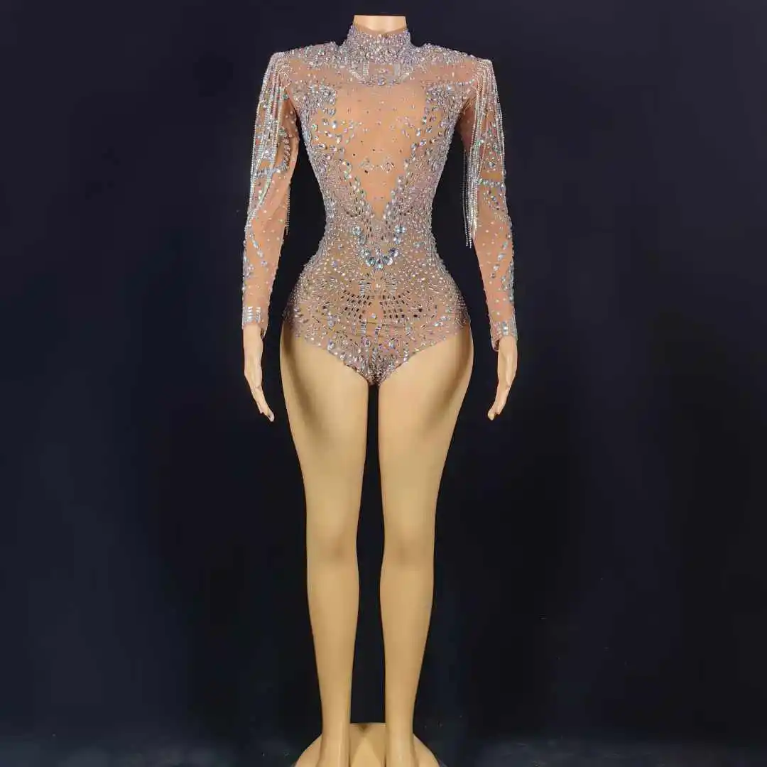 Luxury Shinning Rhinestone Bodysuits For Women Glitter Drill Chain Sheer Stretch Dance Costume Drag Queen Leotard