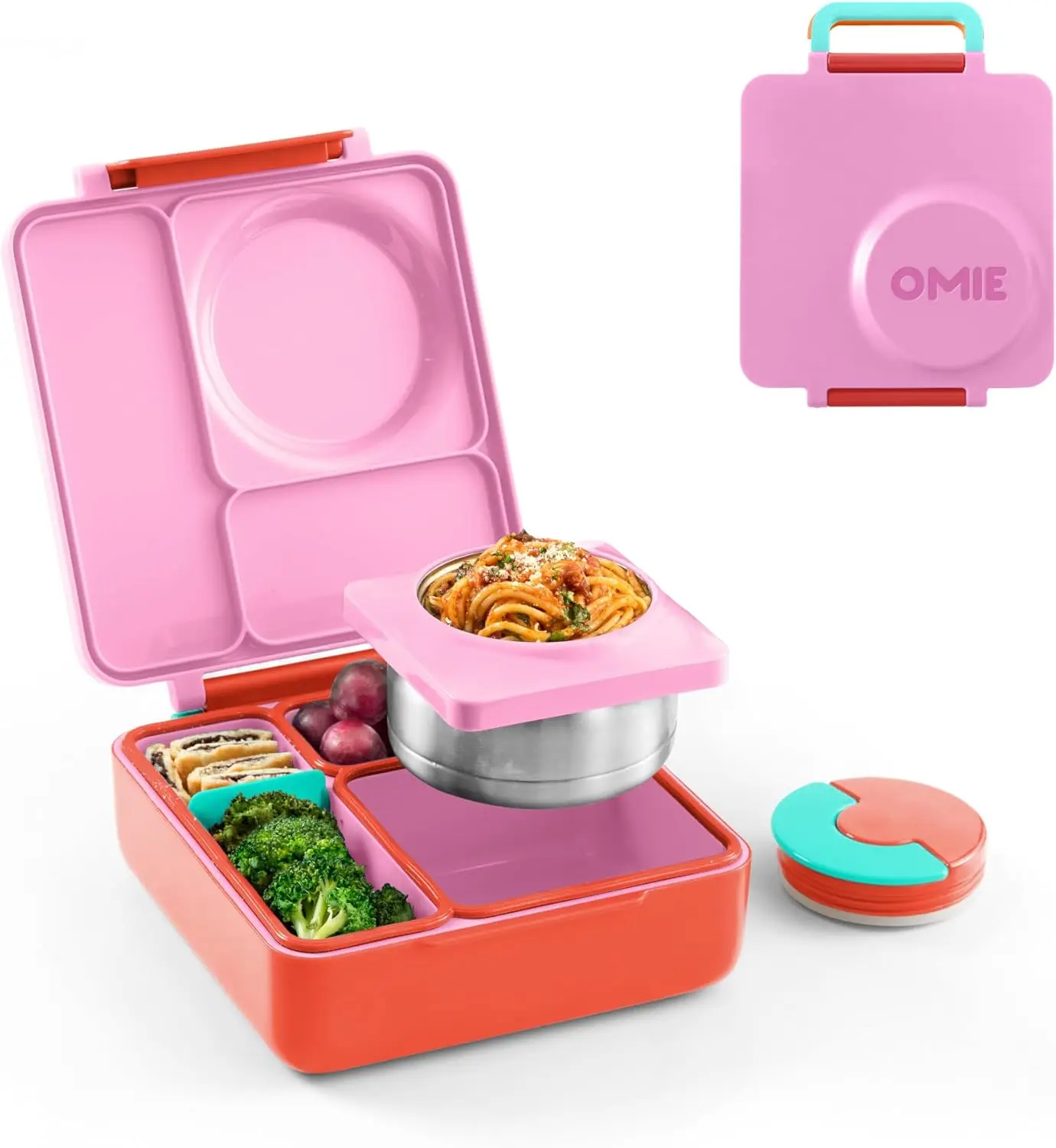 

Изолированный детский ланч-бокс Bento с герметичным контейнером, 3 отделениями и двумя температурными зонами в розовой ягодке