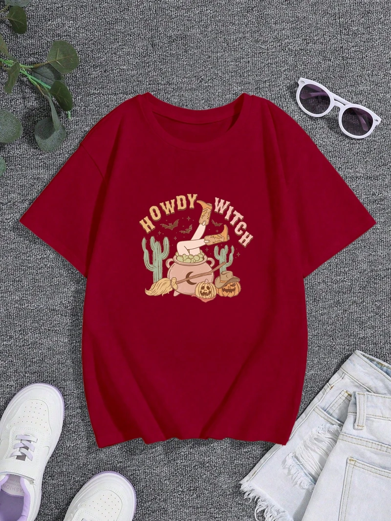 سعيد الهالوين! تي شيرت عصري مطبوع بنمط كلاسيكي. تي شيرت نسائي فضفاض من القطن كاجوال للحفلات الاحتفالية