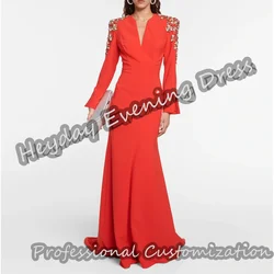 Heyday V-Neck Saudi Arabia Long Sleeves Beaded Mermaid Prom Gown Crepe Floor Length Elegant Evening Party Dress For Women 2024