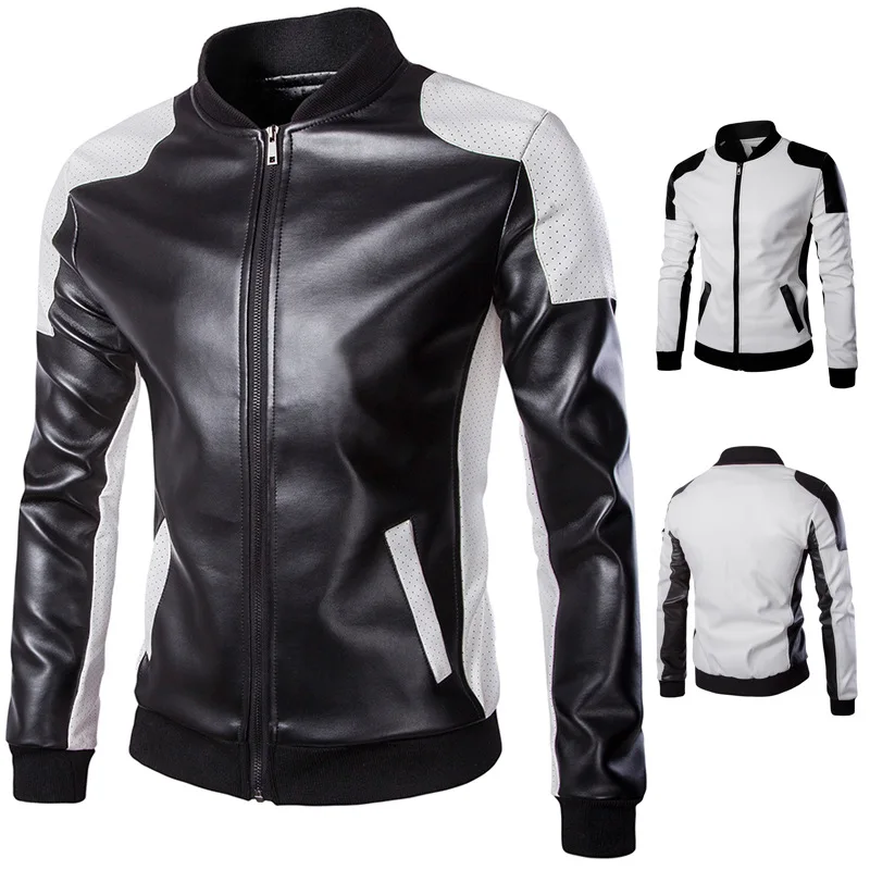 

New Men's Stand Collar Leather Clothes Trend Black and White Color Matching Large Leather Clothes