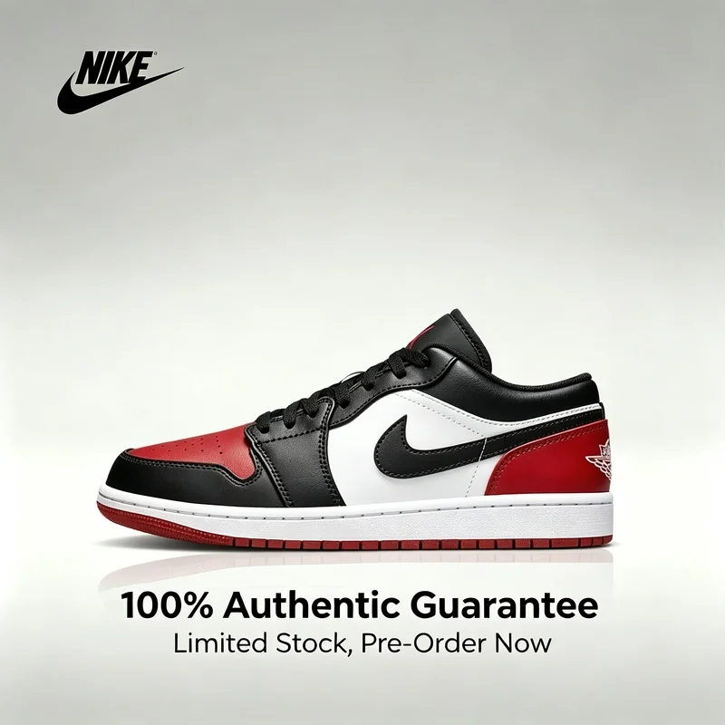 Nike Air Jordan 1 Low Bred Toe, versatile, non-slip, retro basketball shoes, unisex sneakers, black and red 553558-161
