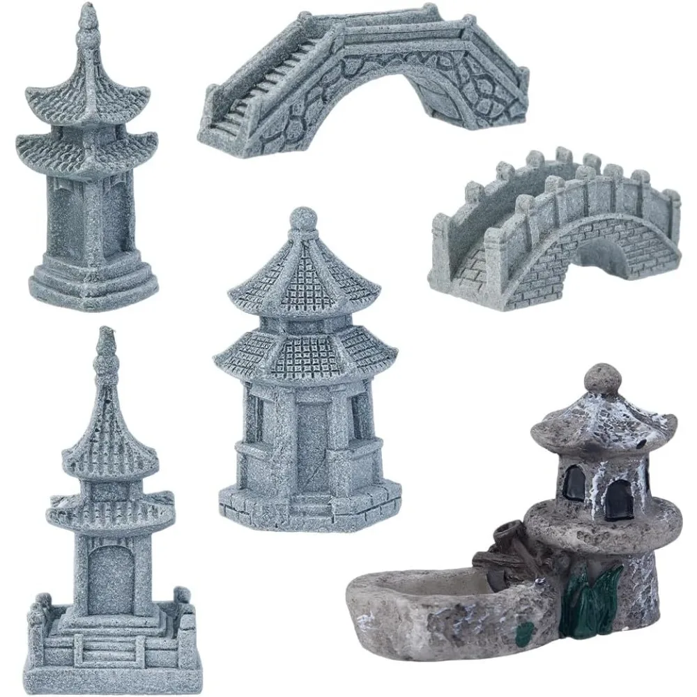 

6 Styles Mini Zen Garden Statue Pagoda Lantern Garden Statue Chinese Miniature Tower Bridge Garden Decoration Fairy Garden