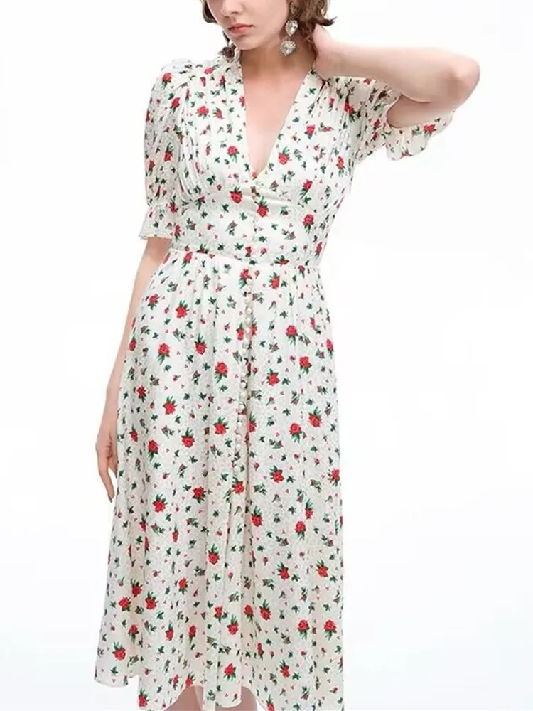 

Clearance Price Women Flower Print Pearl Buttons A-Line Mid-Length Dress