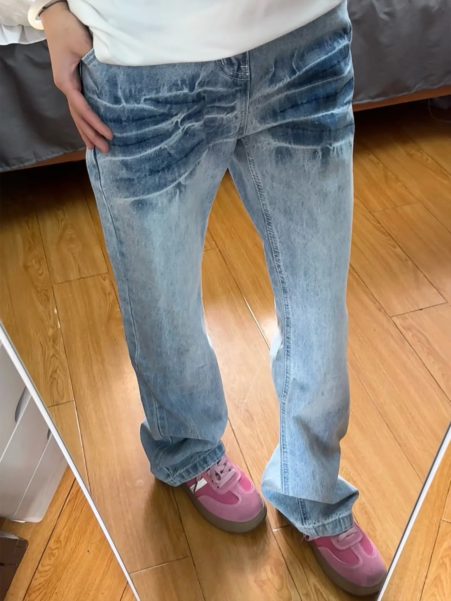 

Мужские джинсы с синим узором в виде молнии, с высокой талией, прямого кроя, в уличном стиле, летние, повседневные, износостойкие, прямого силуэта