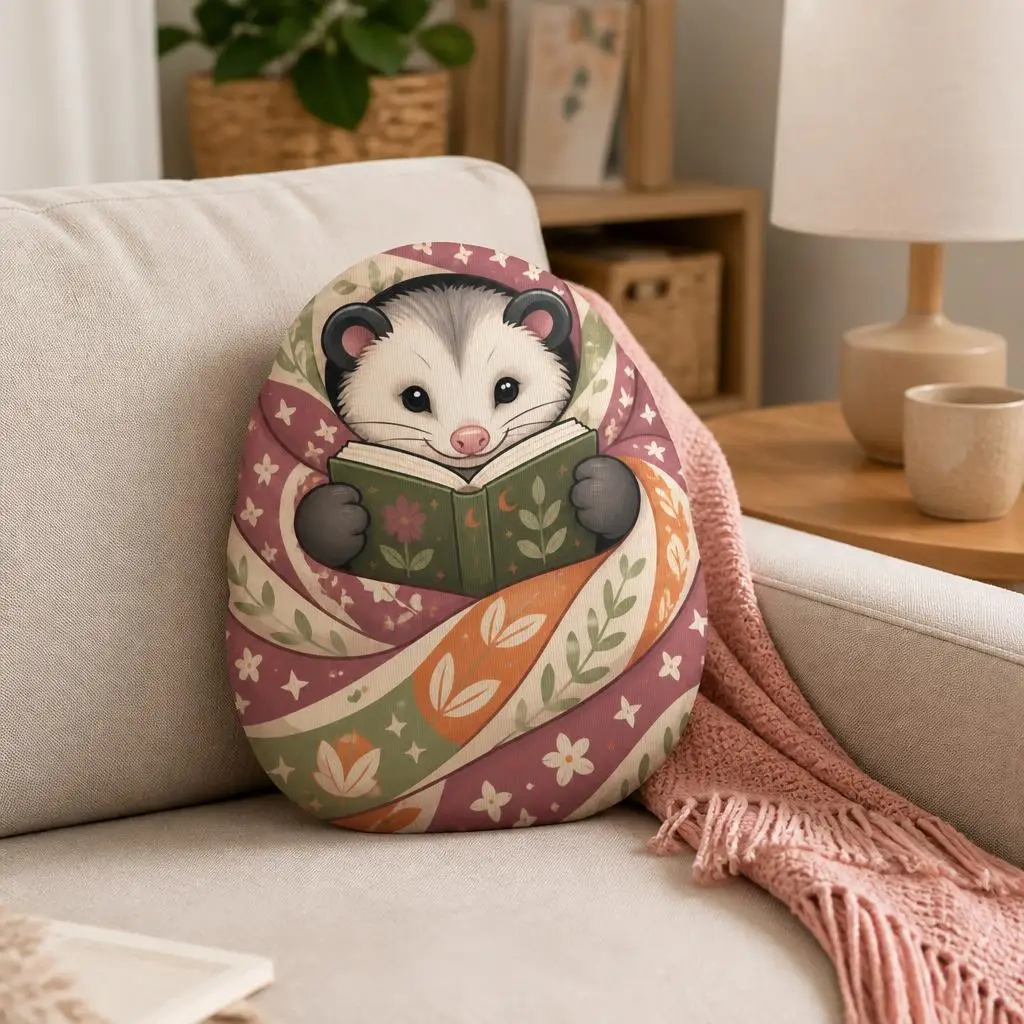 Reading Opossum Plush Pillow Book Lover Cushion Cozy Night Blanket Burrito Stuffed Throw Pillow Gift for Readers Home Decor
