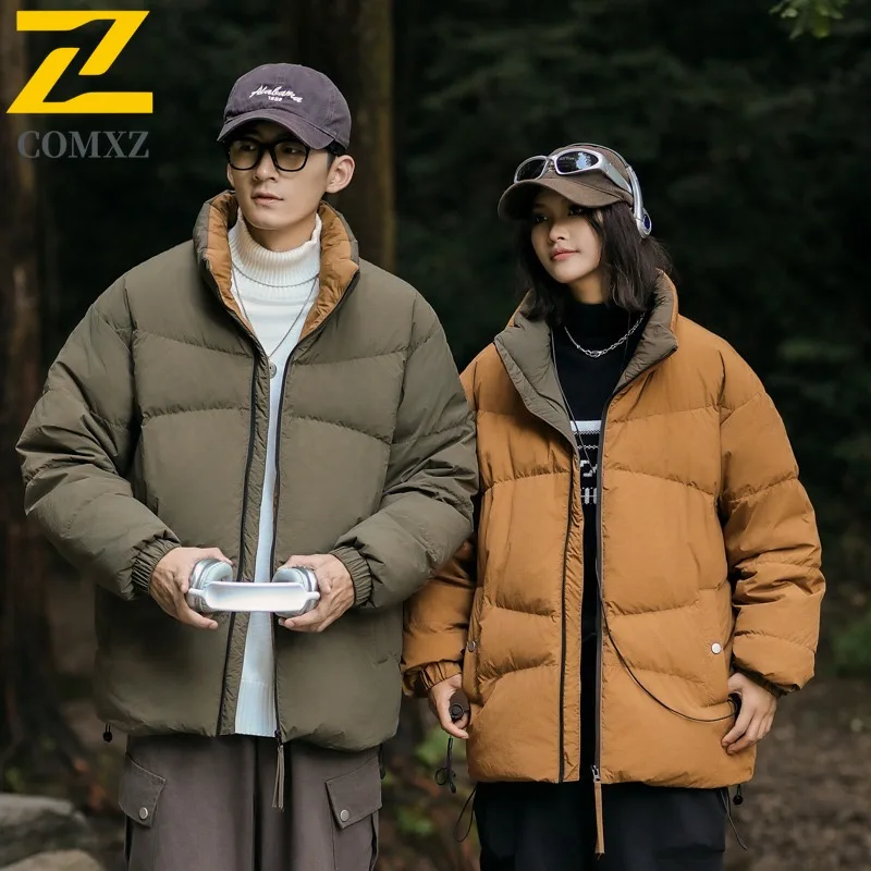 COMXZ 2025 Mens Womens Duck Down Stand Collar Short Winter Jacket American Style  Outdoor Sport Lightweight Leisure tactics Coat