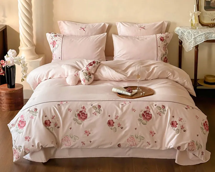 Romantic sweet embroidery flower rose red bedding set,full queen king 100s cotton home textile bed sheet pillow case duvet cover