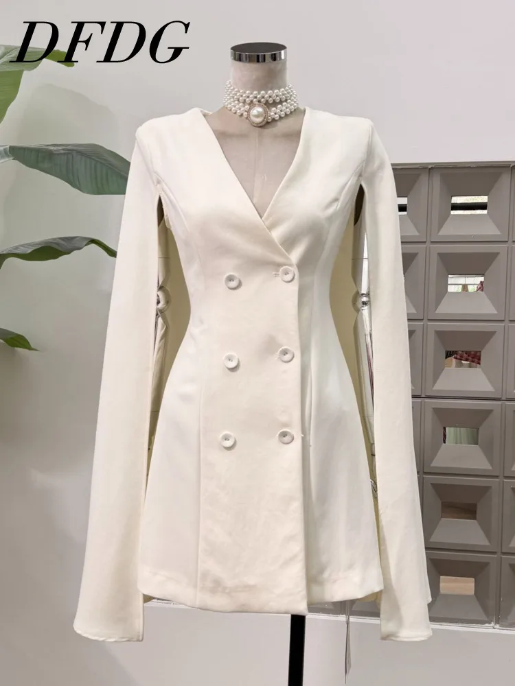 

DFDG Women’s 2025 SS Cape Poncho Dress V Neck Double Breasted With Belted Waist Two Piece Look Casual Elegant Designer Dress