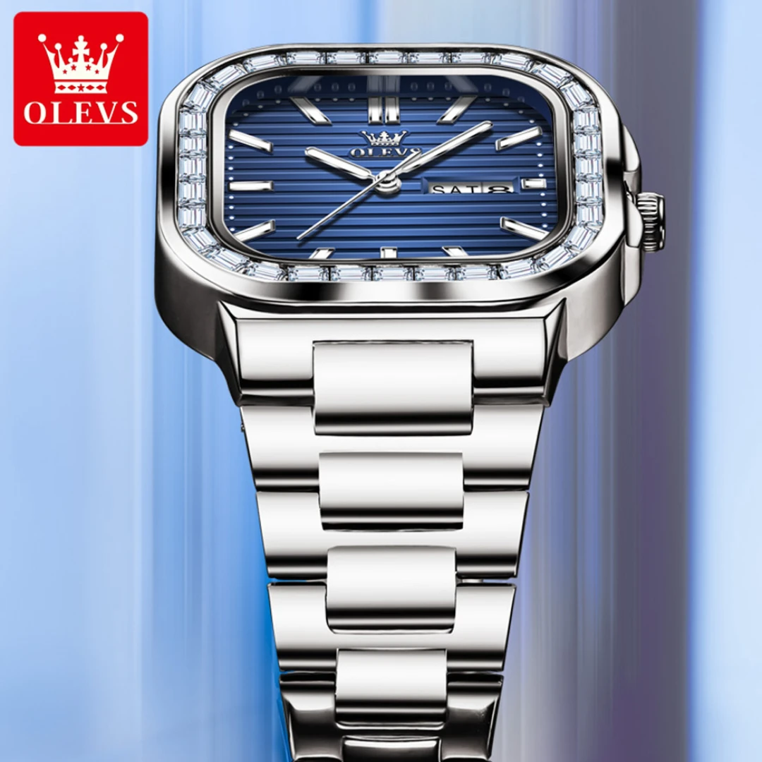 OLEVS 9966 Fashion Quartz Watch Gift Square-dial Stainless Steel Watchband Week Display Calendar