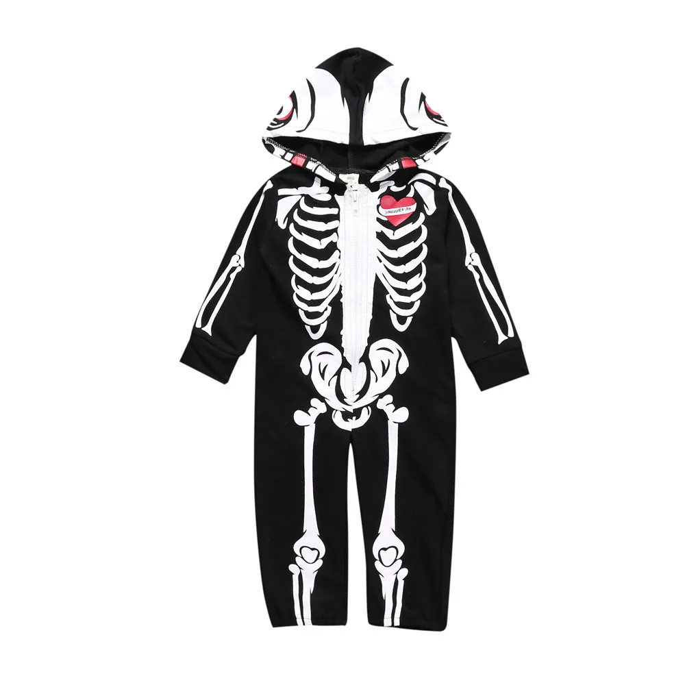 Baby Boy Clothes Funny Skeleton Halloween Costume Long Sleeve Romper Hooded Jumpsuit Zipper Front Open Halloween Clothes