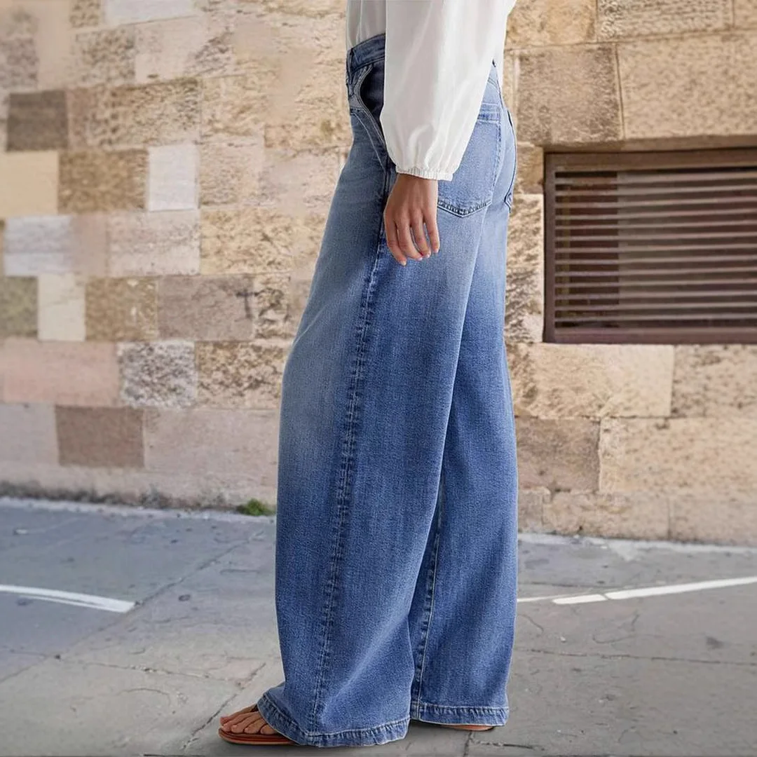 New cross-border retro wide leg jeans from Europe and America women's embroidered elastic straight leg pants