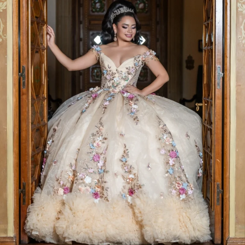 

Light Champagne Quinceanera Dress off-shoulder Glitter 3D Flower Decal Long tail Ruffles vestidos de 15 Quinceanera ﻿Customized