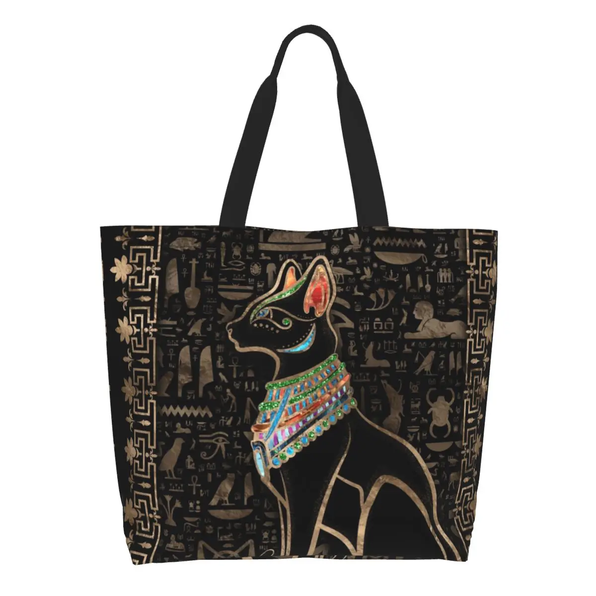 

Egyptian Cat Bastet Grocery Shopping Bags Canvas Shopper Shoulder Tote Bag Big Capacity Durable Ancient Egypt Goddess Handbag